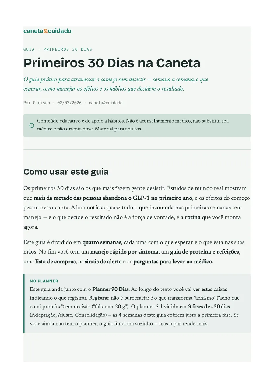 Página de abertura do guia Primeiros 30 Dias na Caneta